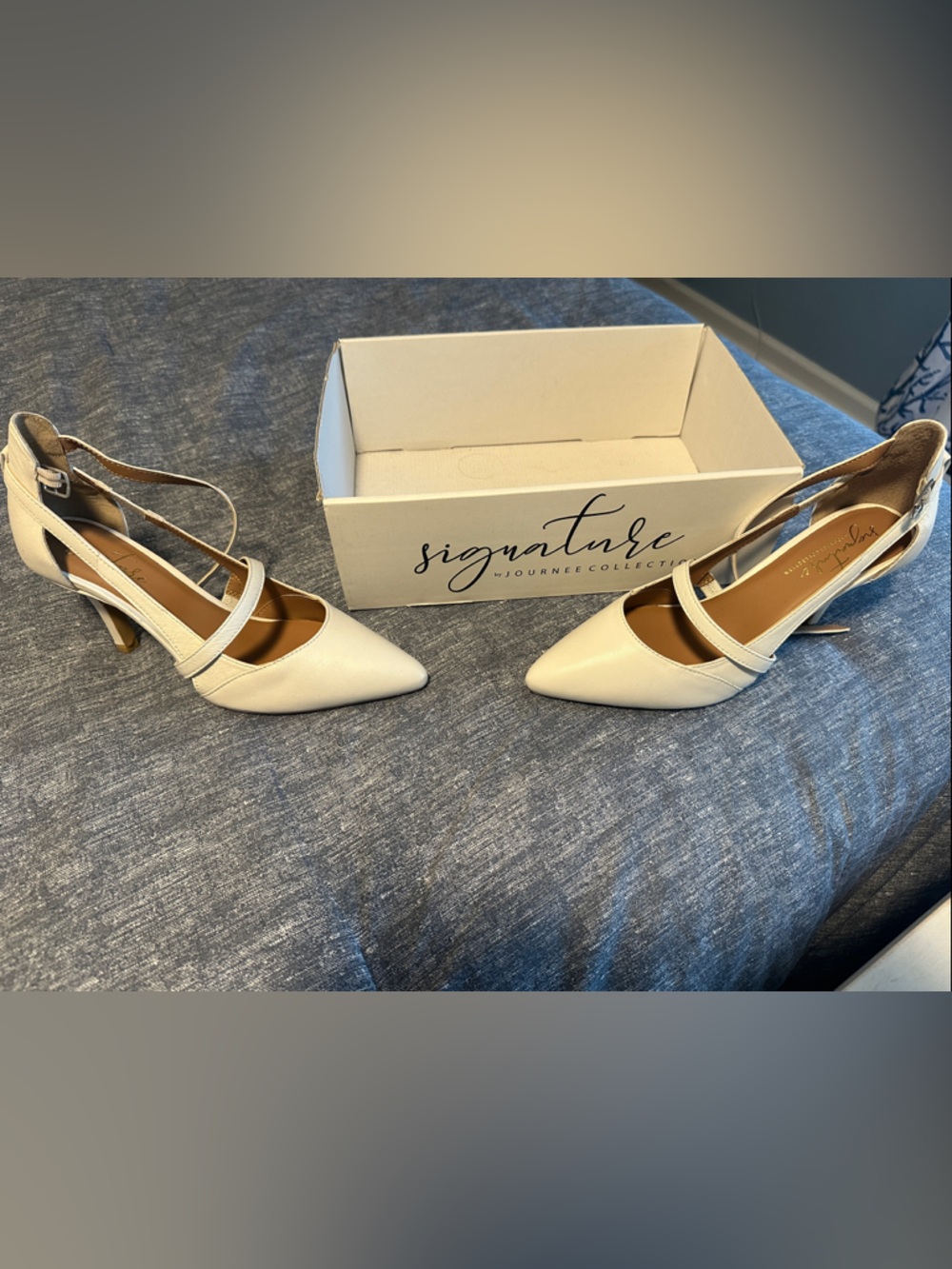 Journee Collection Ivory Pointed Toe Ankle Strap Heels